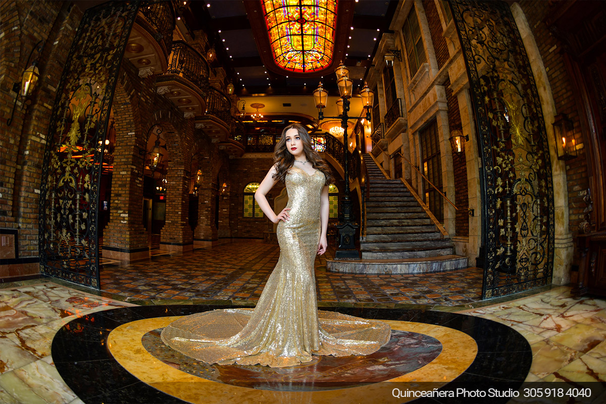 Golden Glamour: Quinceanera Photography and Elegant Dresses. Photo by Quinceañera Photo Studio 305.918.4040