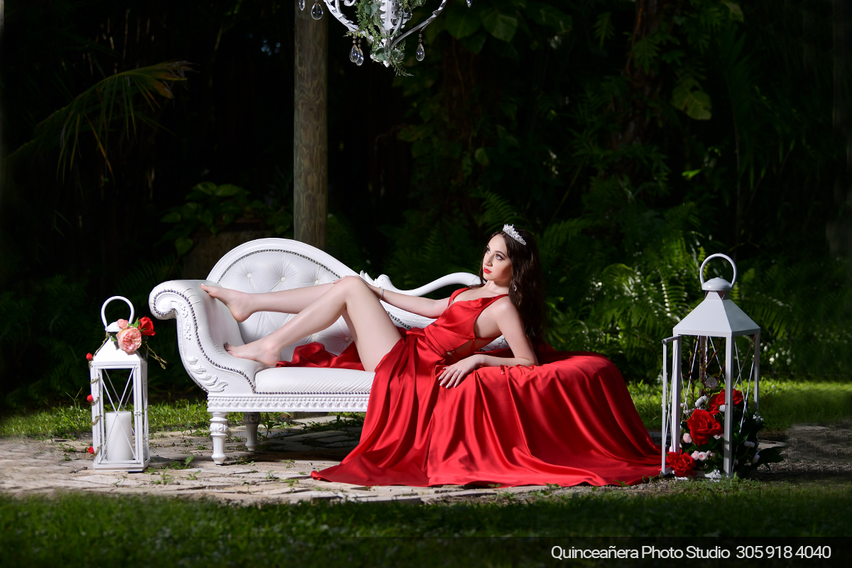 Spectacular photo of a quinceañera on a sofa, Photo by Quinceañera Photo Studio (305) 918-4040