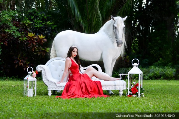 Quinceañera with a white horse, Photo by Quinceanera photo studio (304) 918-4040